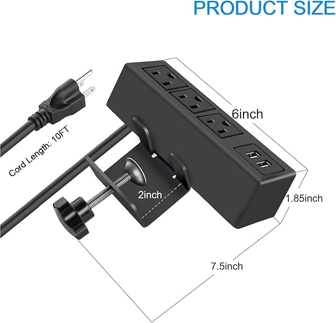 3 Outlet Desk Clamp Power Strip with USB Ports – Desktop Power Station | 125V 12A 1500W, 10 FT Cord - Sonic Electric