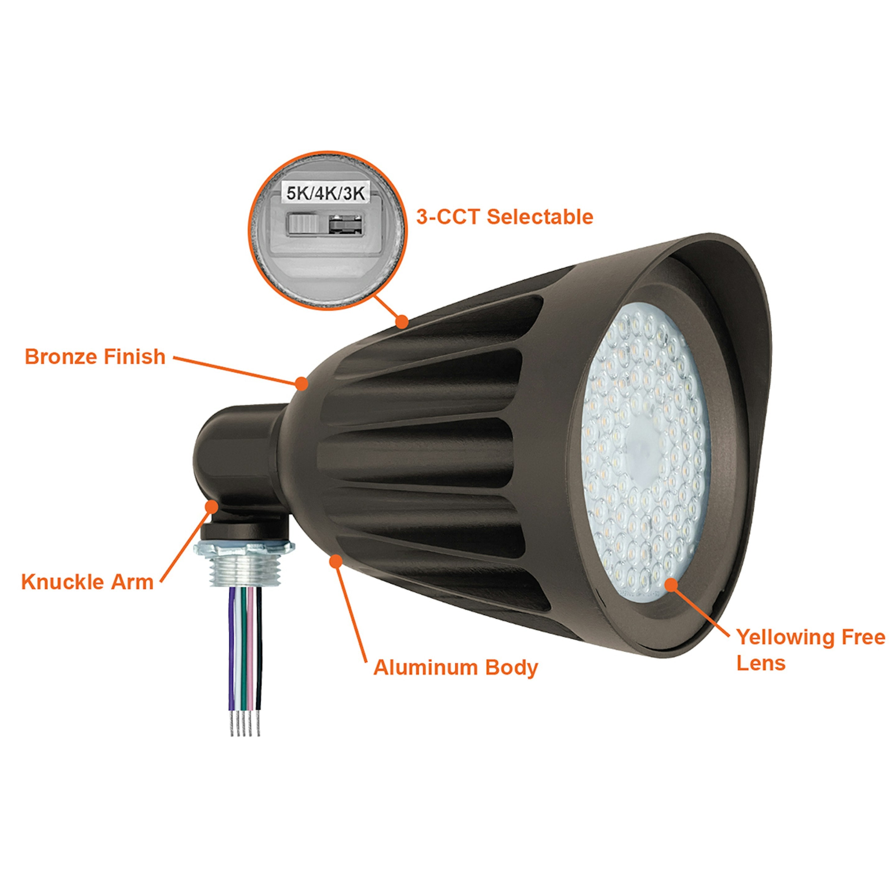 25W 3-CCT LED Bullet Flood with 1/2" Knuckle