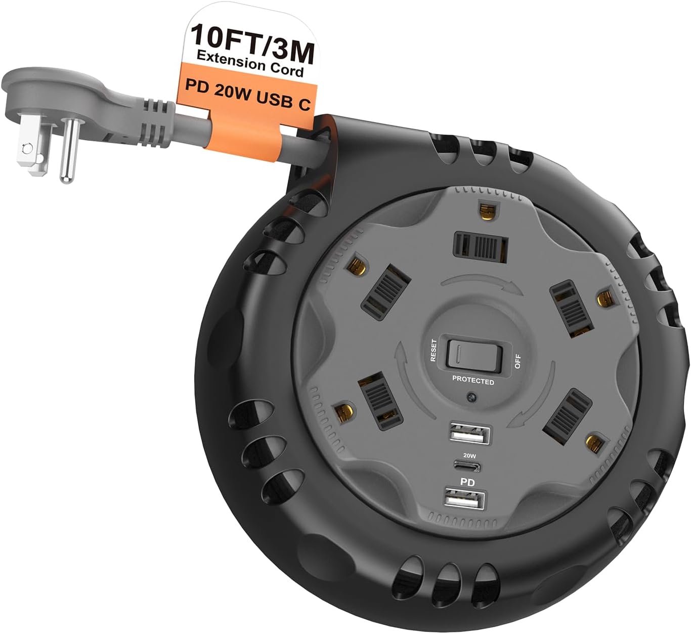 10 ft. Retractable Extension Power Strip Cord Reel with Surge Protector, 5 AC Outlets, USB-C &2 USB-A Ports