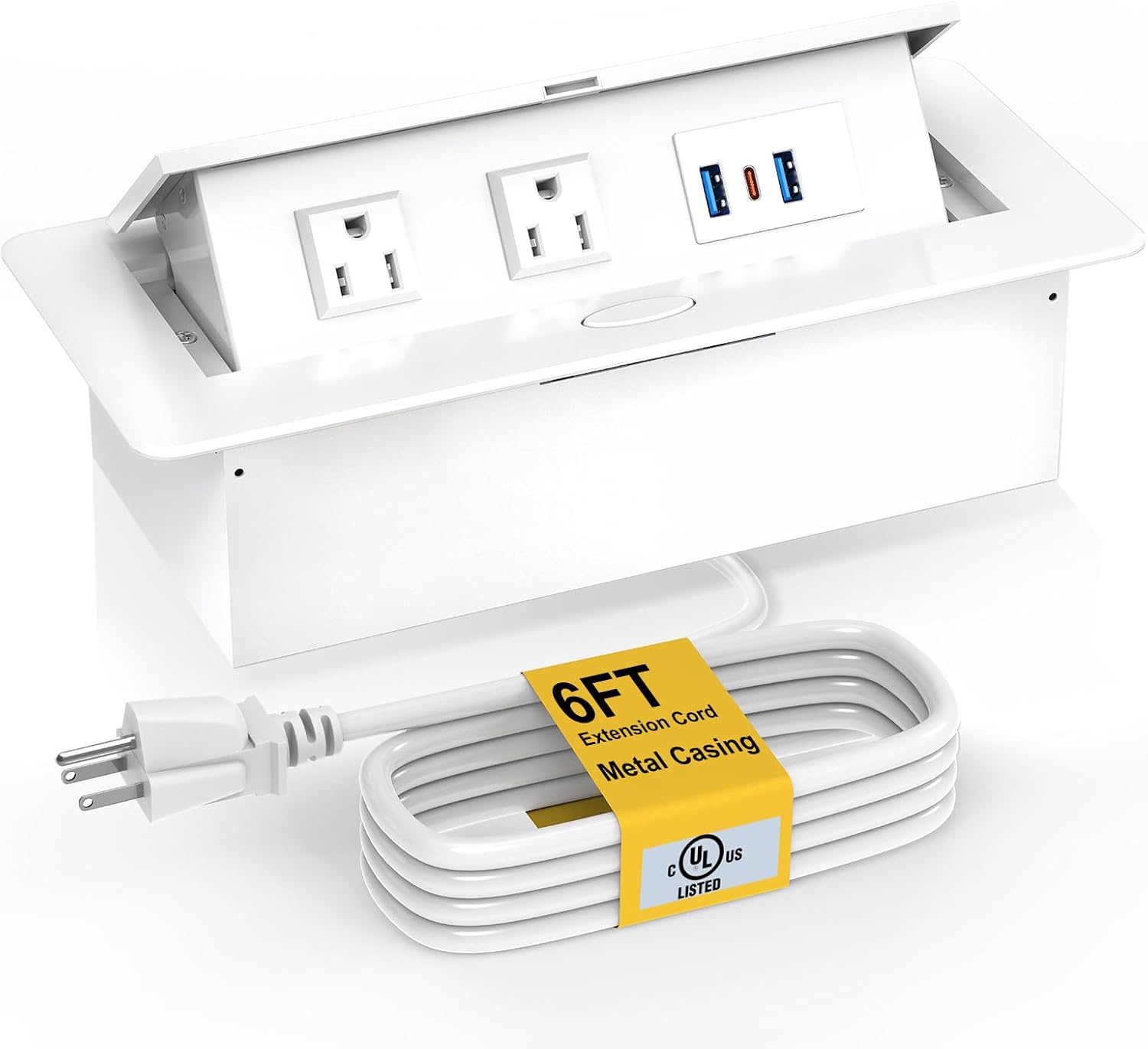20W Pop Up Recessed Power Strip with 2 Outlets, 2 USB & 1 USB-C Charging Ports - UL Listed