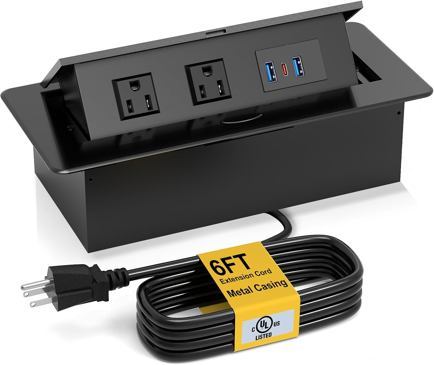 20W Pop Up Recessed Power Strip with 2 Outlets, 2 USB & 1 USB-C Charging Ports - UL Listed