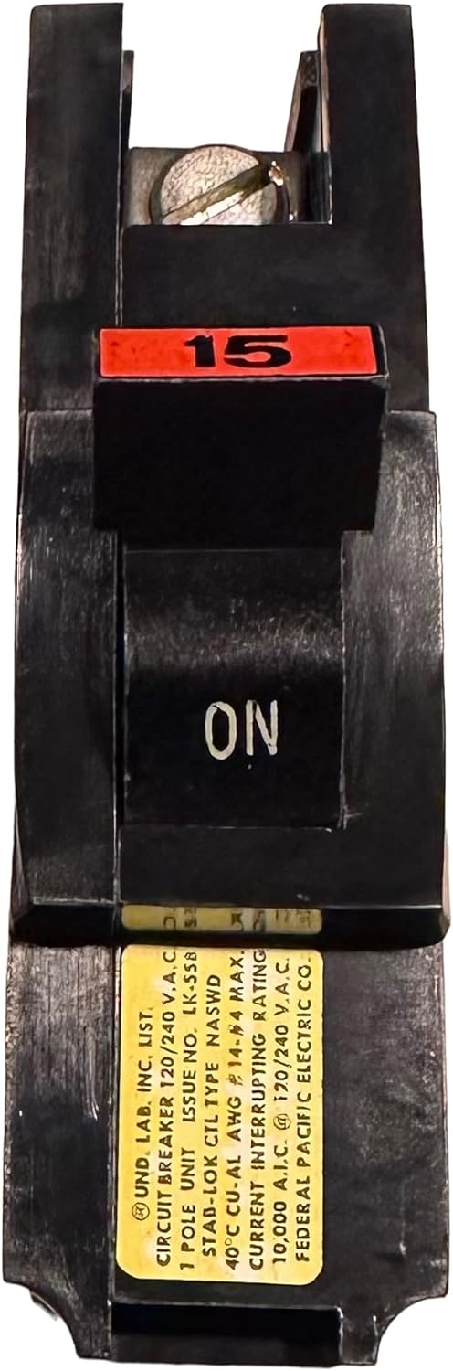 Federal Pacific FPE NA115 1-Pole 15 Amp Circuit Breaker - Red Handle, Used Condition