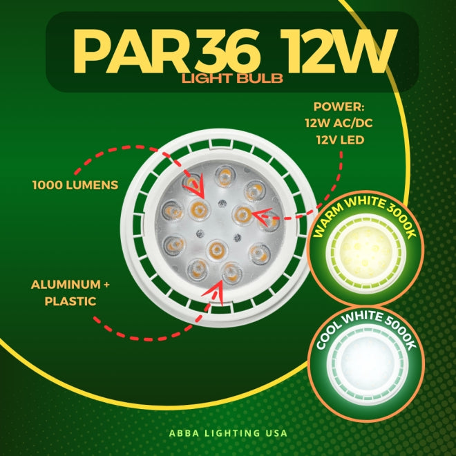 ABBA 12W PAR36 LED Light Bulb - Multiple Color Temperatures