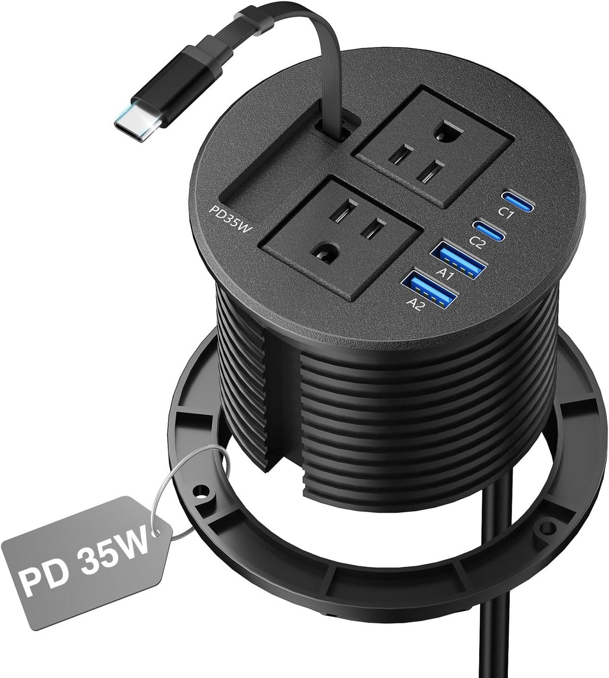 3-1/4" Desk Power Grommet with 35W Retractable USB-C, 2 Outlets, 2 35W USB-C & 2 18W USB-A - Black