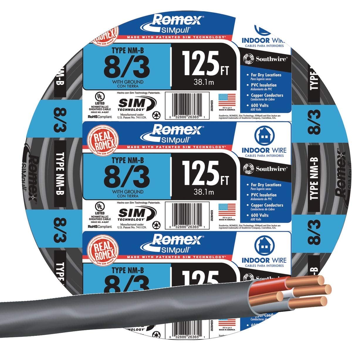 125 ft. 8/3 Black Stranded Romex SIMpull CU NM-B W/G Wire