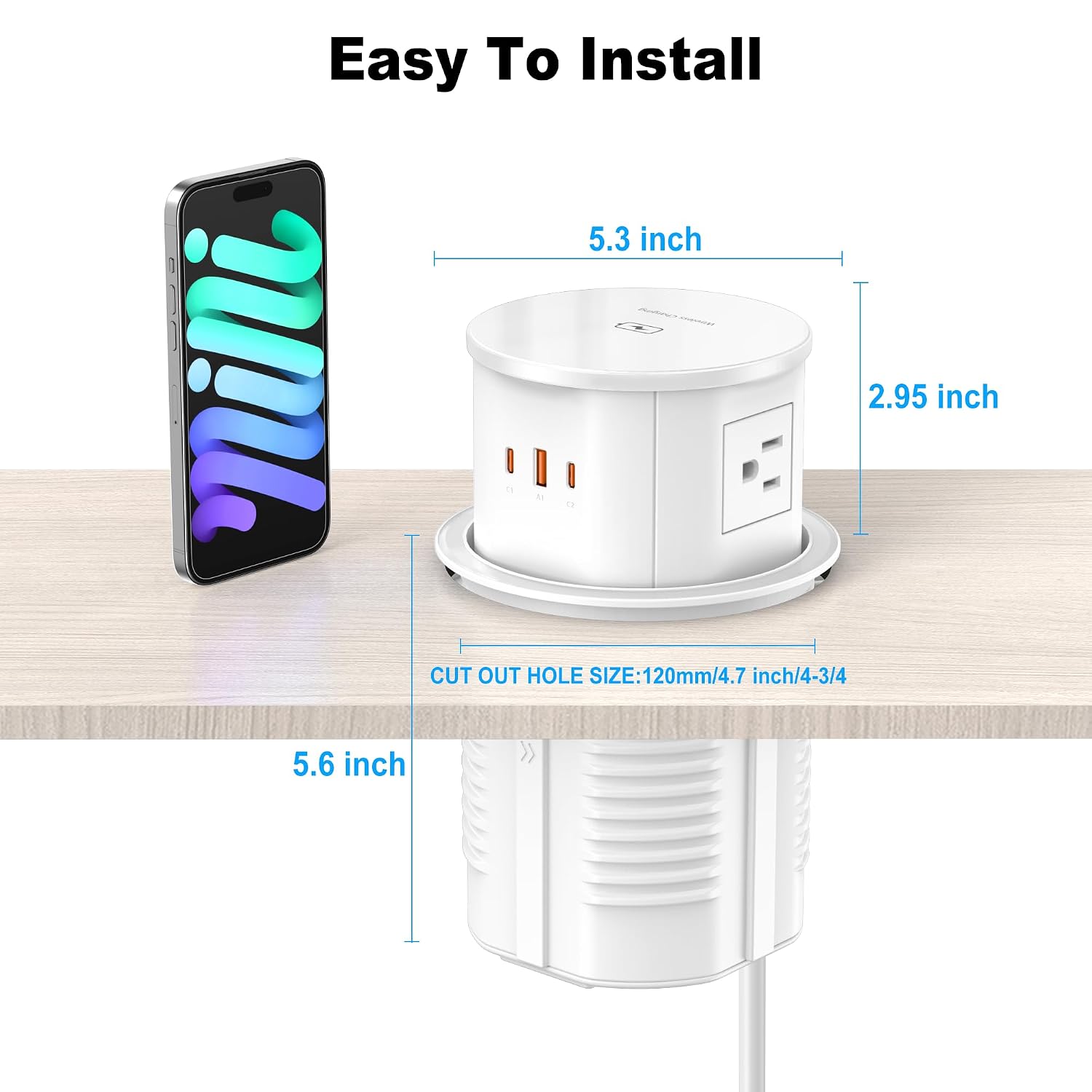 Wireless Charging Kitchen Counter Pop Up With 4 Receptacles with 1 Type-A and 2 Type-C USB