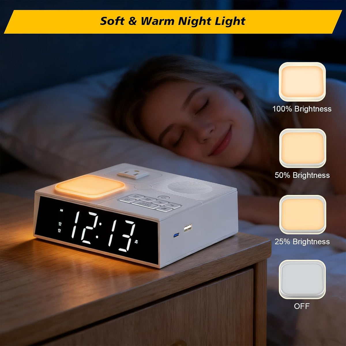 5-in-1 Bedside Power & Charging Station with Alarm Clock, White Noise, 20W USB-C & Night Light