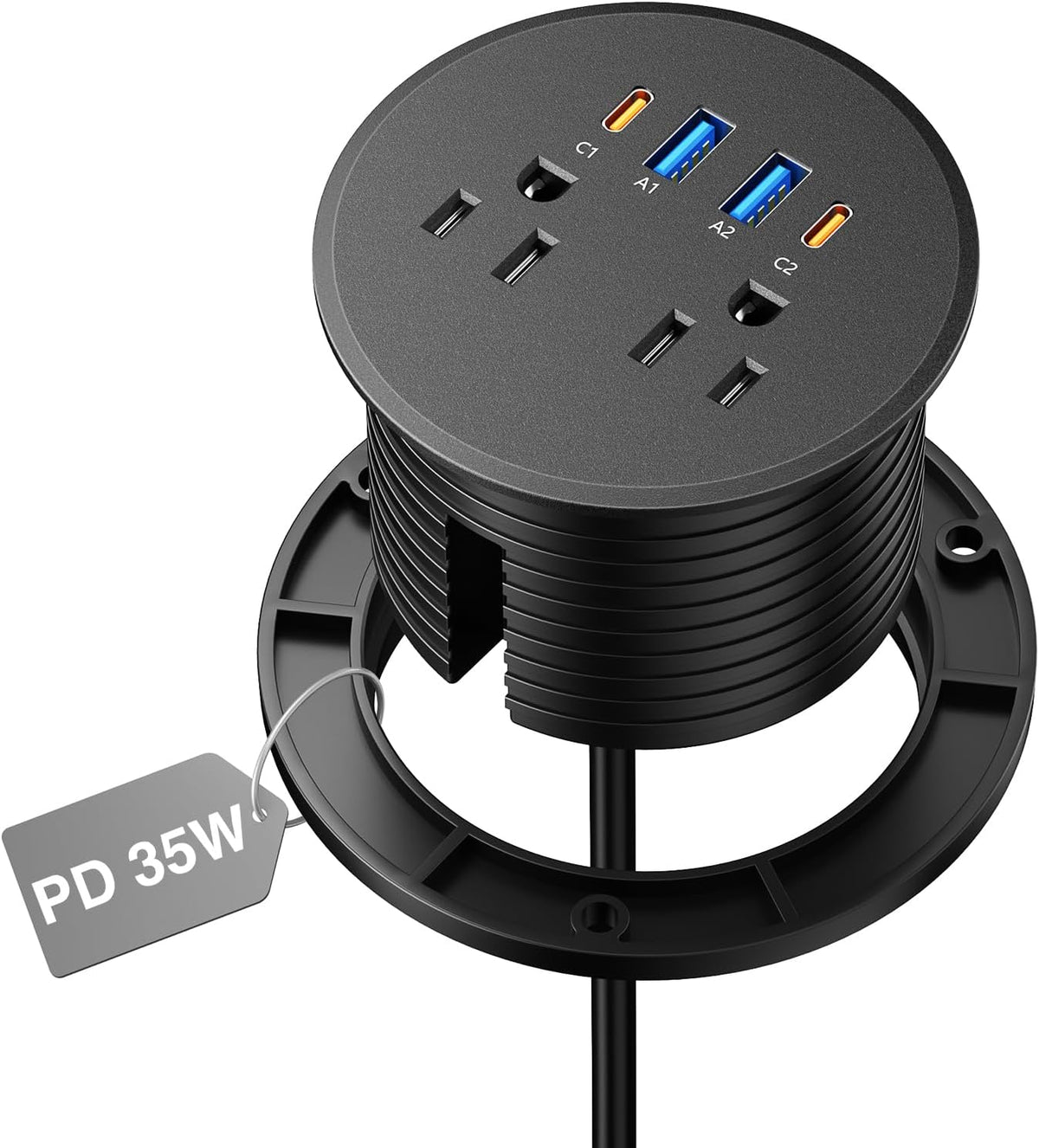 3" Desk Power Grommet with 2 Outlets, 2 35W USB-C & 2 18W USB-A - Black, 6 ft. Cord