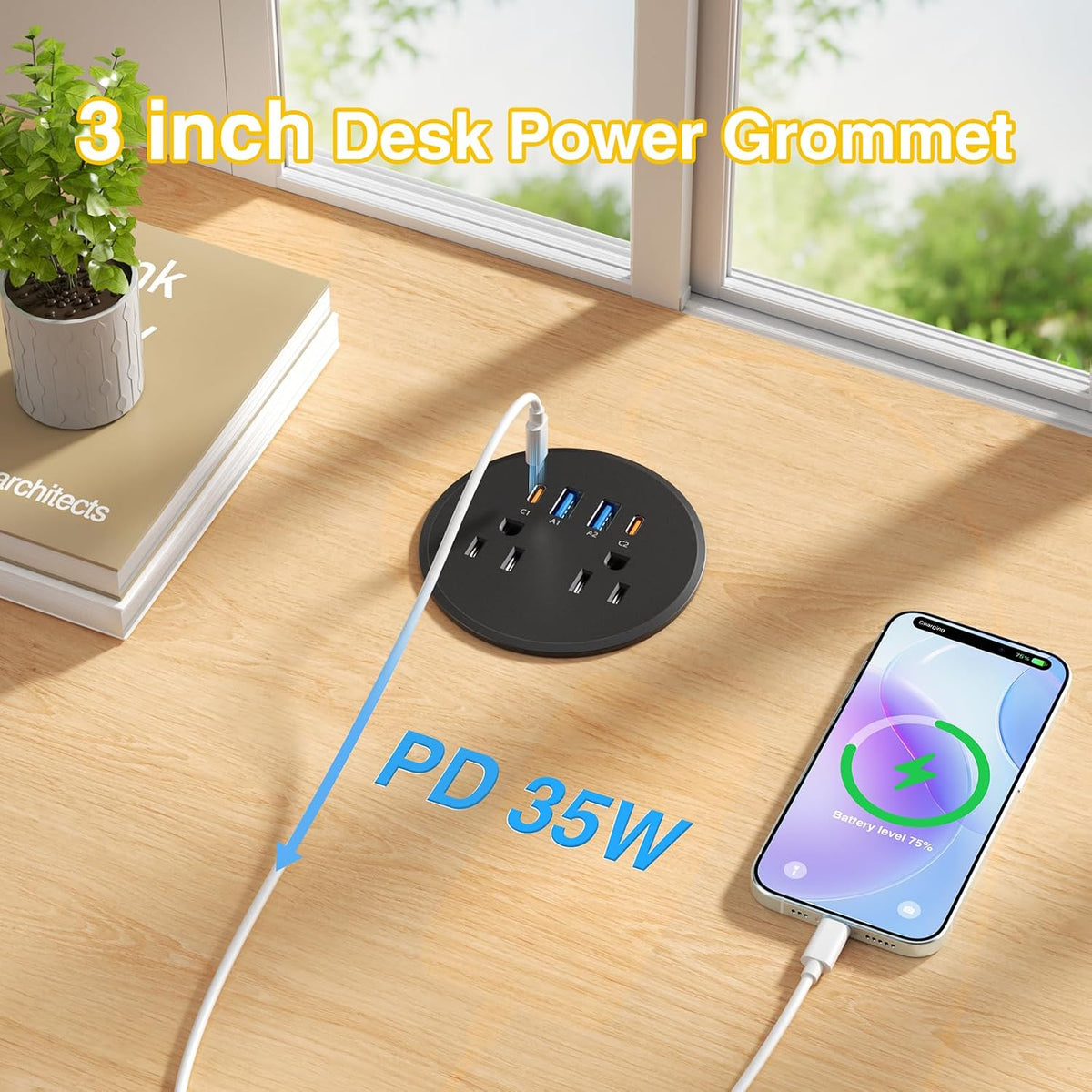3" Desk Power Grommet with 2 Outlets, 2 35W USB-C & 2 18W USB-A - Black, 6 ft. Cord
