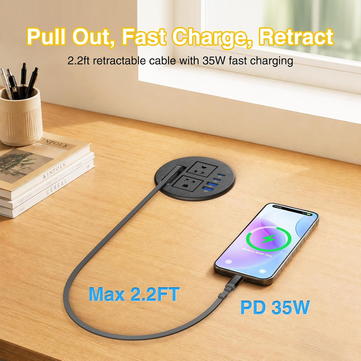 3-1/4" Desk Power Grommet with 35W Retractable USB-C, 2 Outlets, 2 35W USB-C & 2 18W USB-A - Black