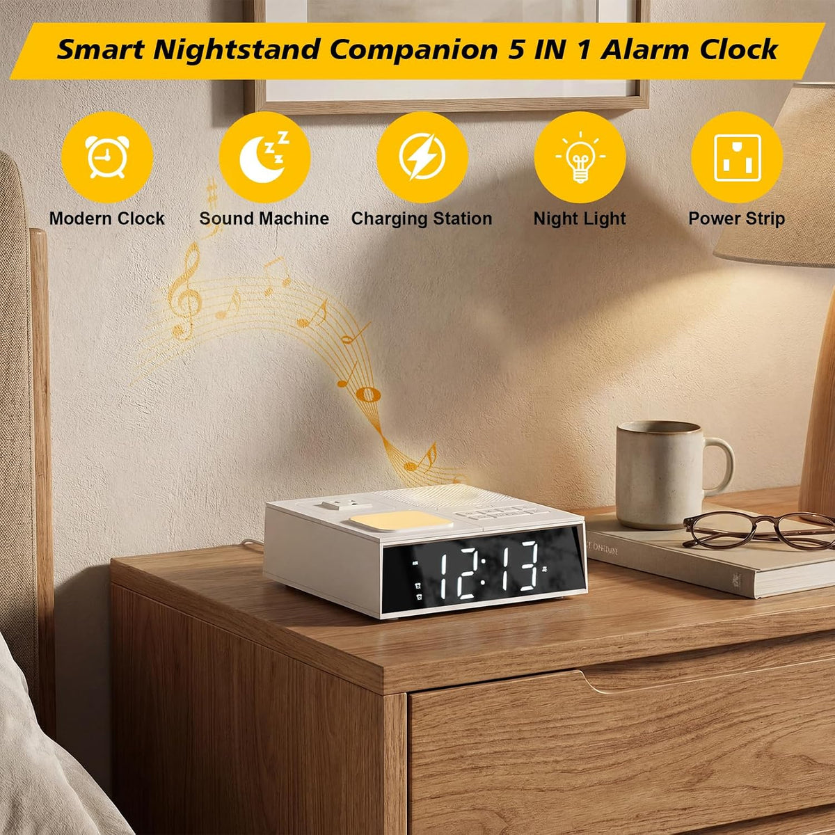 5-in-1 Bedside Power & Charging Station with Alarm Clock, White Noise, 20W USB-C & Night Light