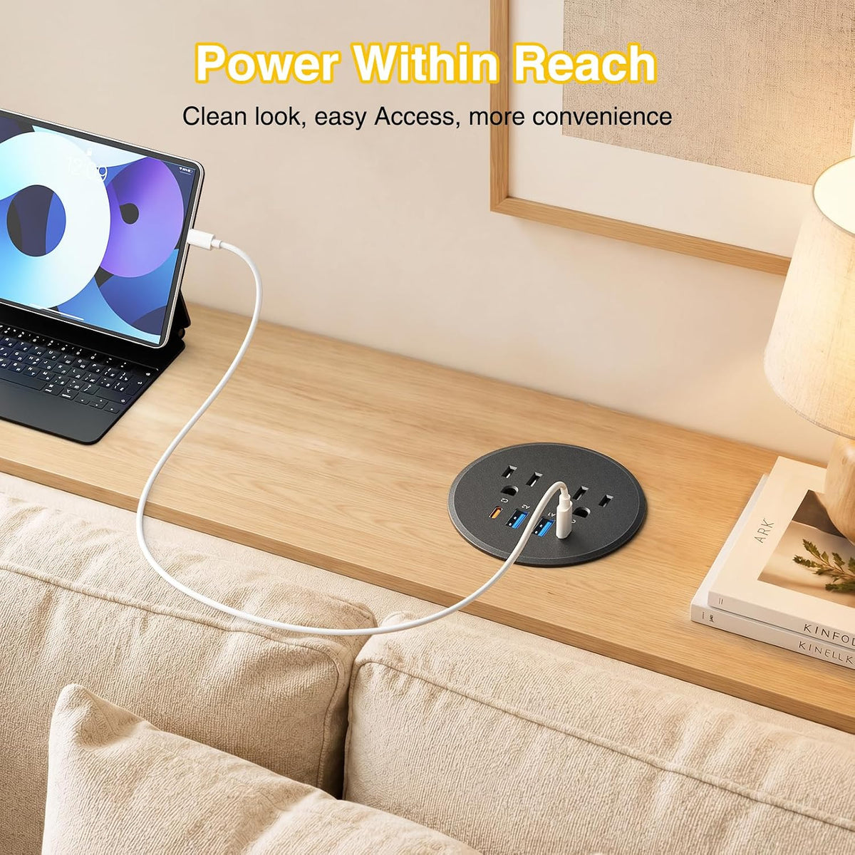 3" Desk Power Grommet with 2 Outlets, 2 35W USB-C & 2 18W USB-A - Black, 6 ft. Cord