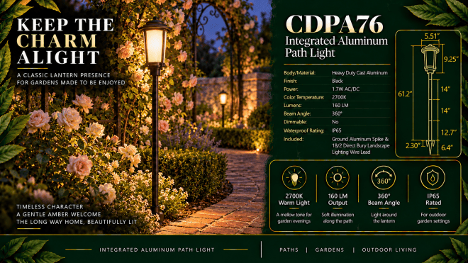 ABBA Lighting CDPA76 Integrated Tall Aluminum Path Light, 1.7W LED, 2700K Warm White, 160 Lumens, 12V AC/DC, IP65 - Black Finish