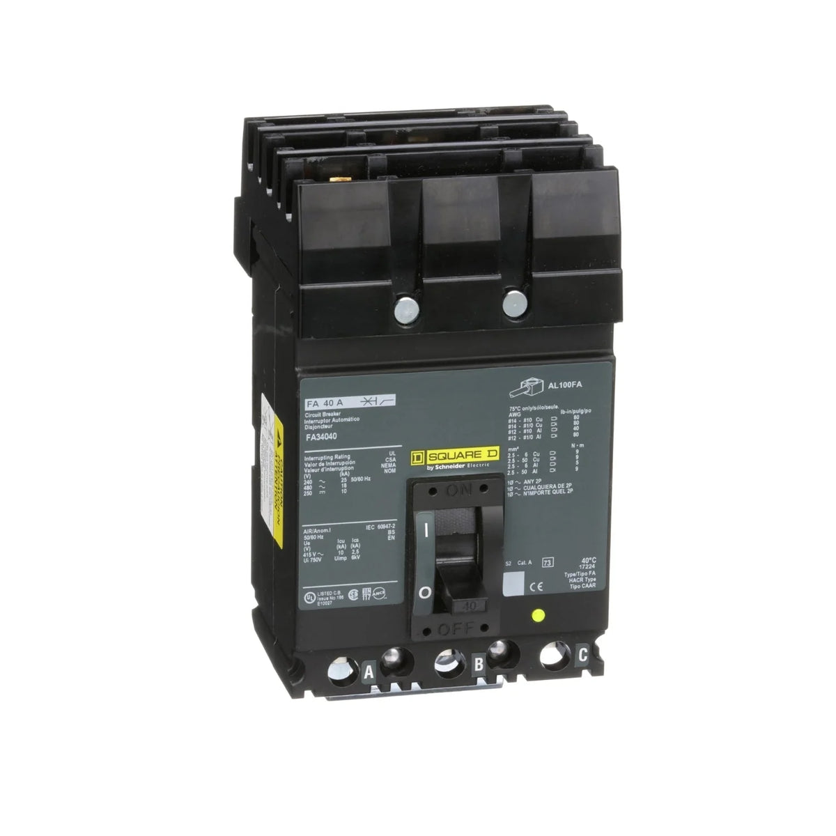 Square D FA34040 40-Amp 3-Pole 480V 18kA I-Line Molded Case Circuit Breaker