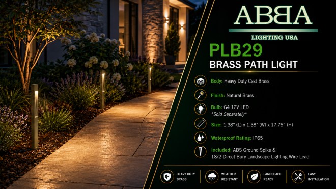 ABBA Lighting USA PLB29 Heavy-Duty Cast Brass Path Light, 12V Low-Voltage Landscape Fixture, Natural Brass or Dark Brass Finish