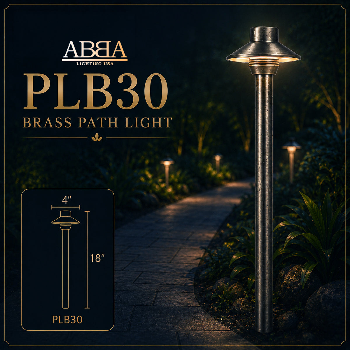 ABBA Lighting USA PLB30-NB Heavy-Duty Cast Brass Path Light, Natural Brass Finish, 12V Low-Voltage Landscape Fixture