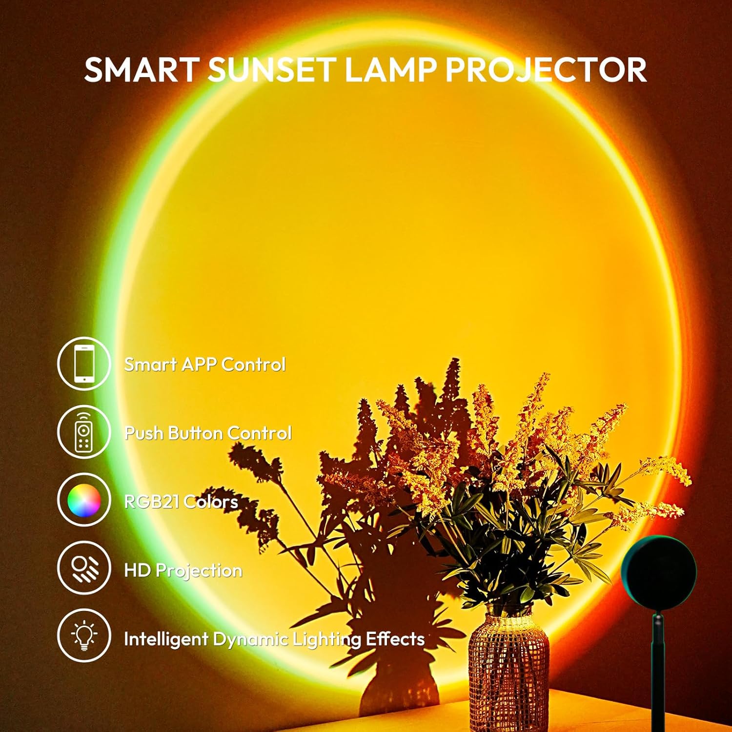 Malibu App - Controlled LED Sunset Projector Lamp – 21 Color Changing Mood Light, 180° Adjustable for Bedroom, Photography & Decor - Sonic Electric