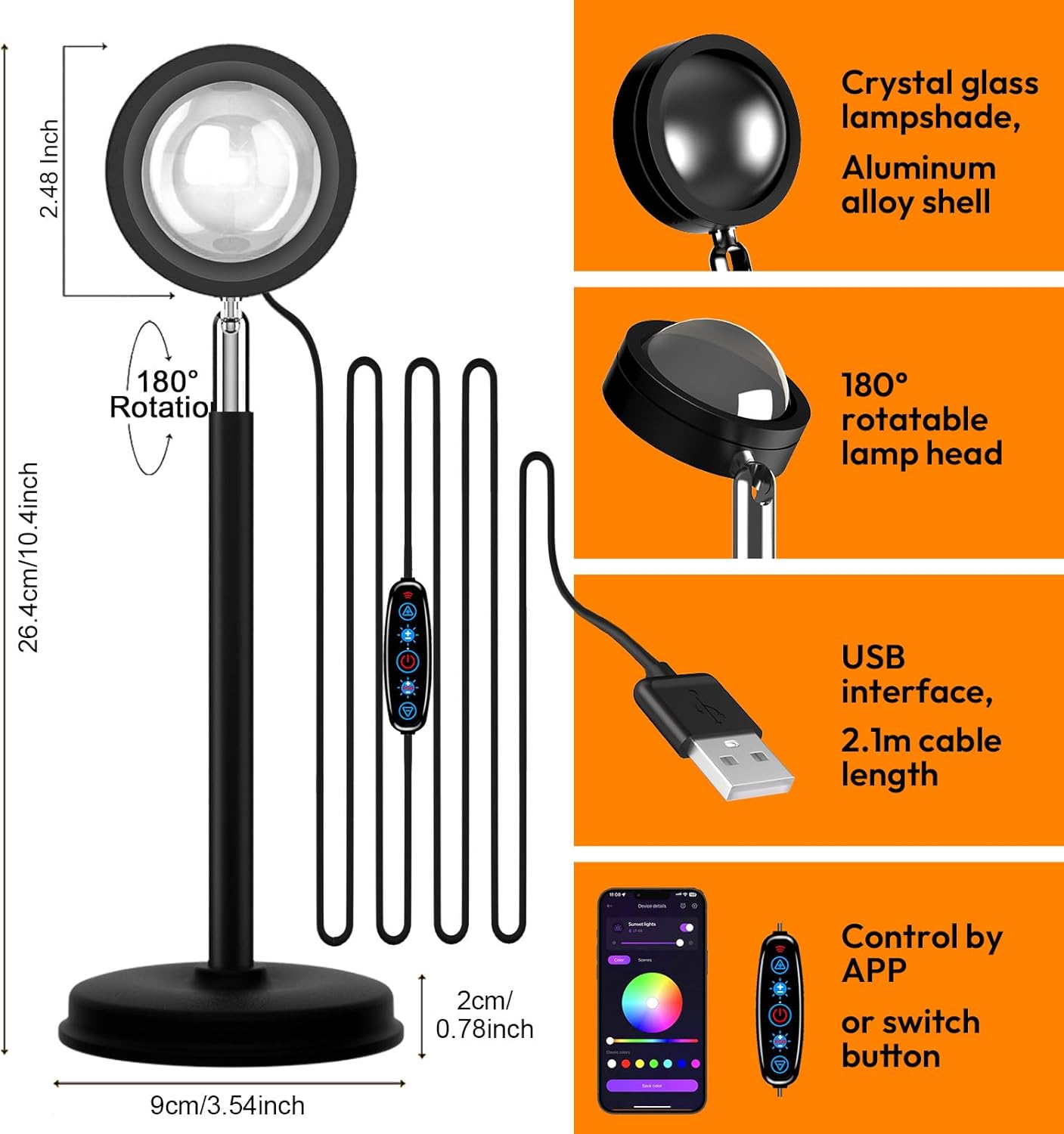 Malibu App - Controlled LED Sunset Projector Lamp – 21 Color Changing Mood Light, 180° Adjustable for Bedroom, Photography & Decor - Sonic Electric