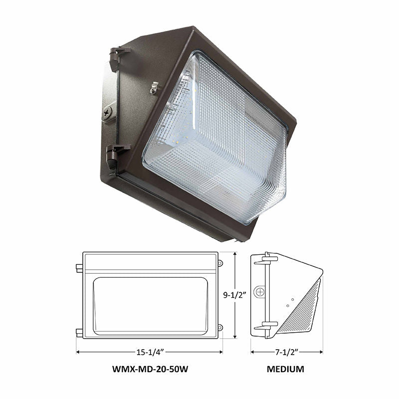Westgate WMX-MD-20-50W-50K Traditional LED Multi-Power Non-Cutoff Wall Pack, Glass Lens - Bronze