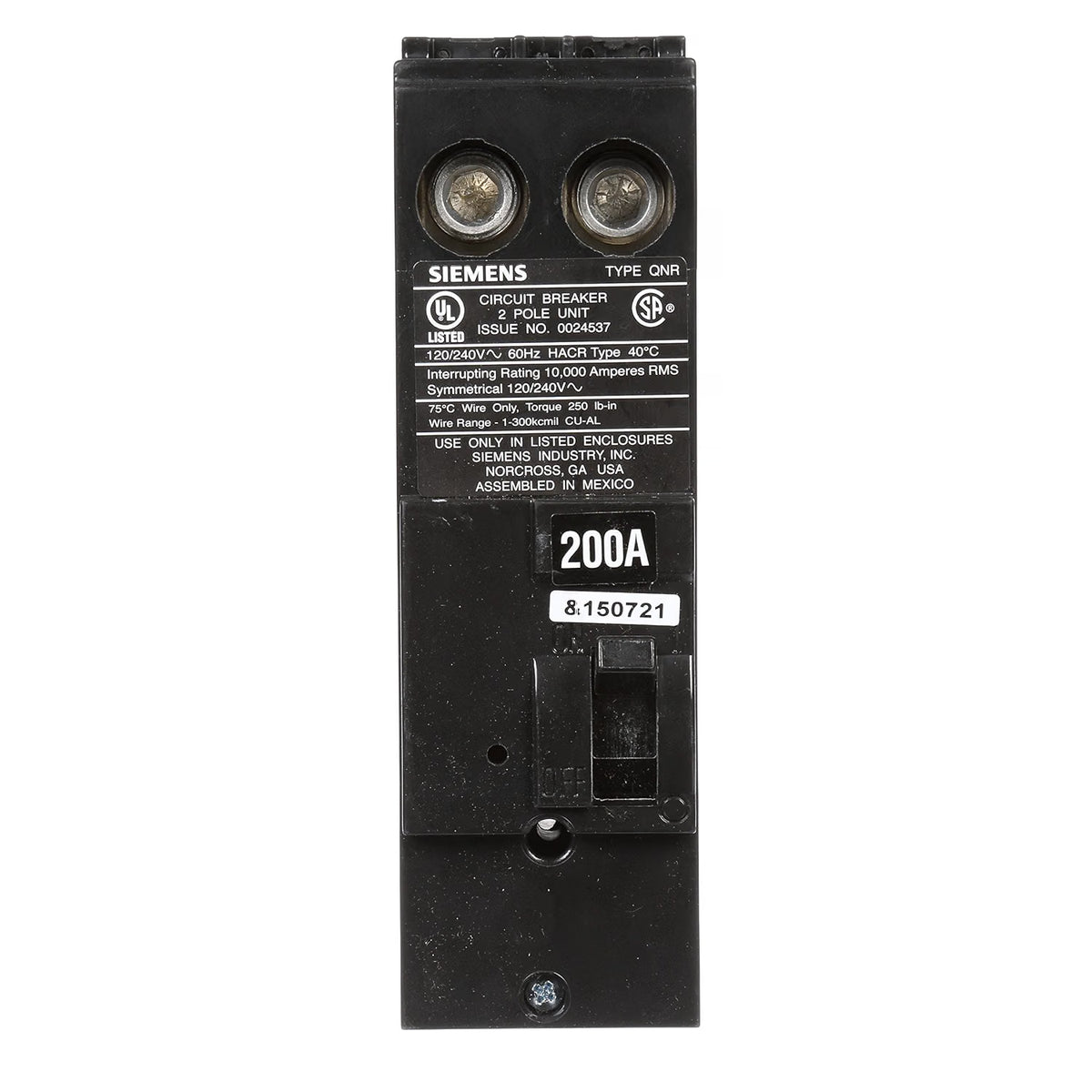 Siemens QN2200R 200-Amp 2-Pole 120/240V Type QN Reverse Handle Main Circuit Breaker