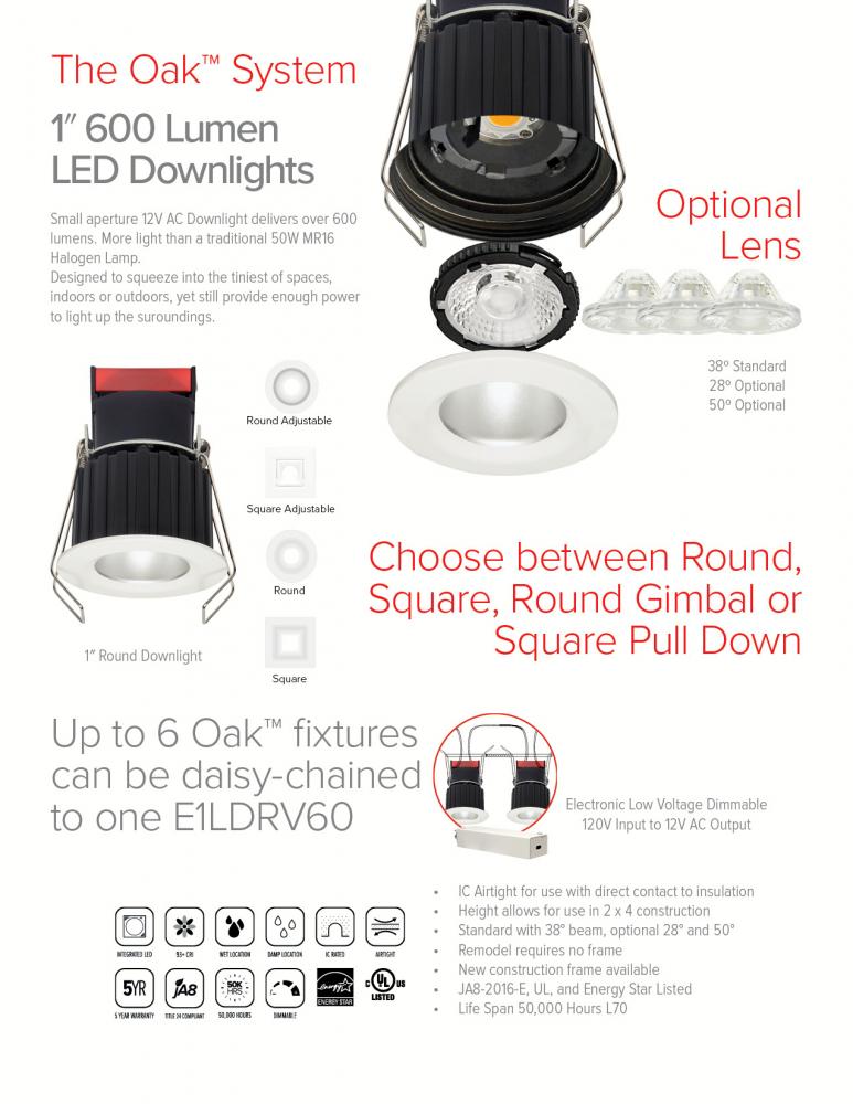 Elco 1" Round Recessed Oak Downlight - Multiple Finishes/Color Temperatures - Sonic Electric