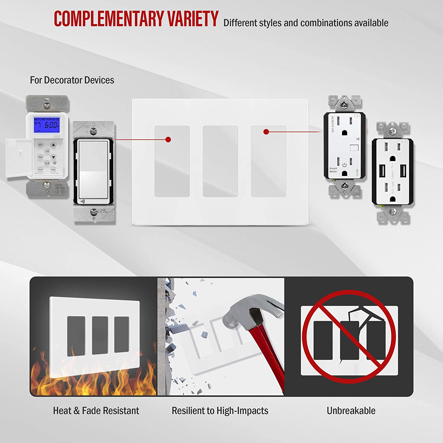 Enerlites 3-Gang Screwless Decorator Wall Plate Safety Cover - SI8833 - Sonic Electric