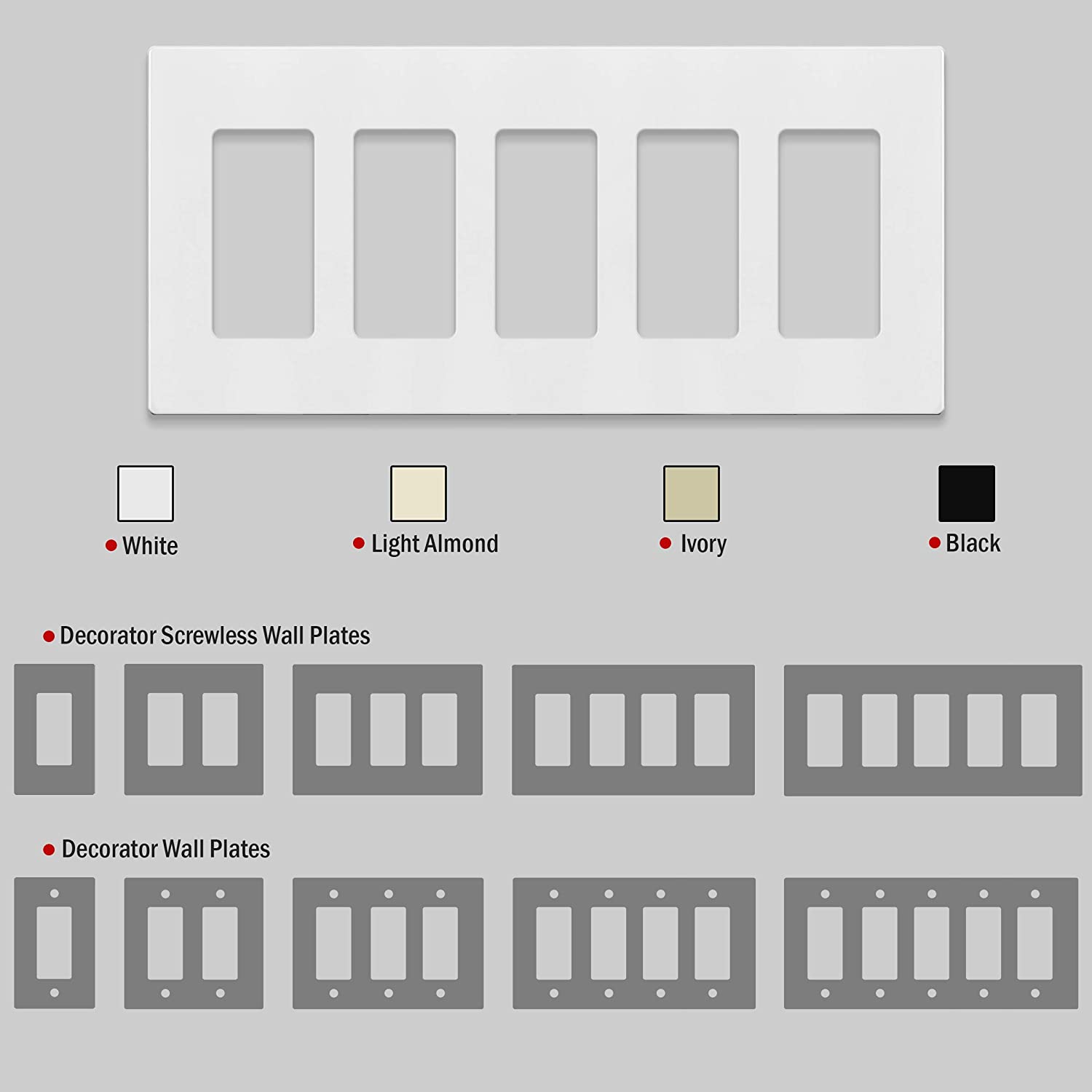 Enerlites 5-Gang Screwless Decorator Wall Plate Safety Cover - SI8835 - Sonic Electric