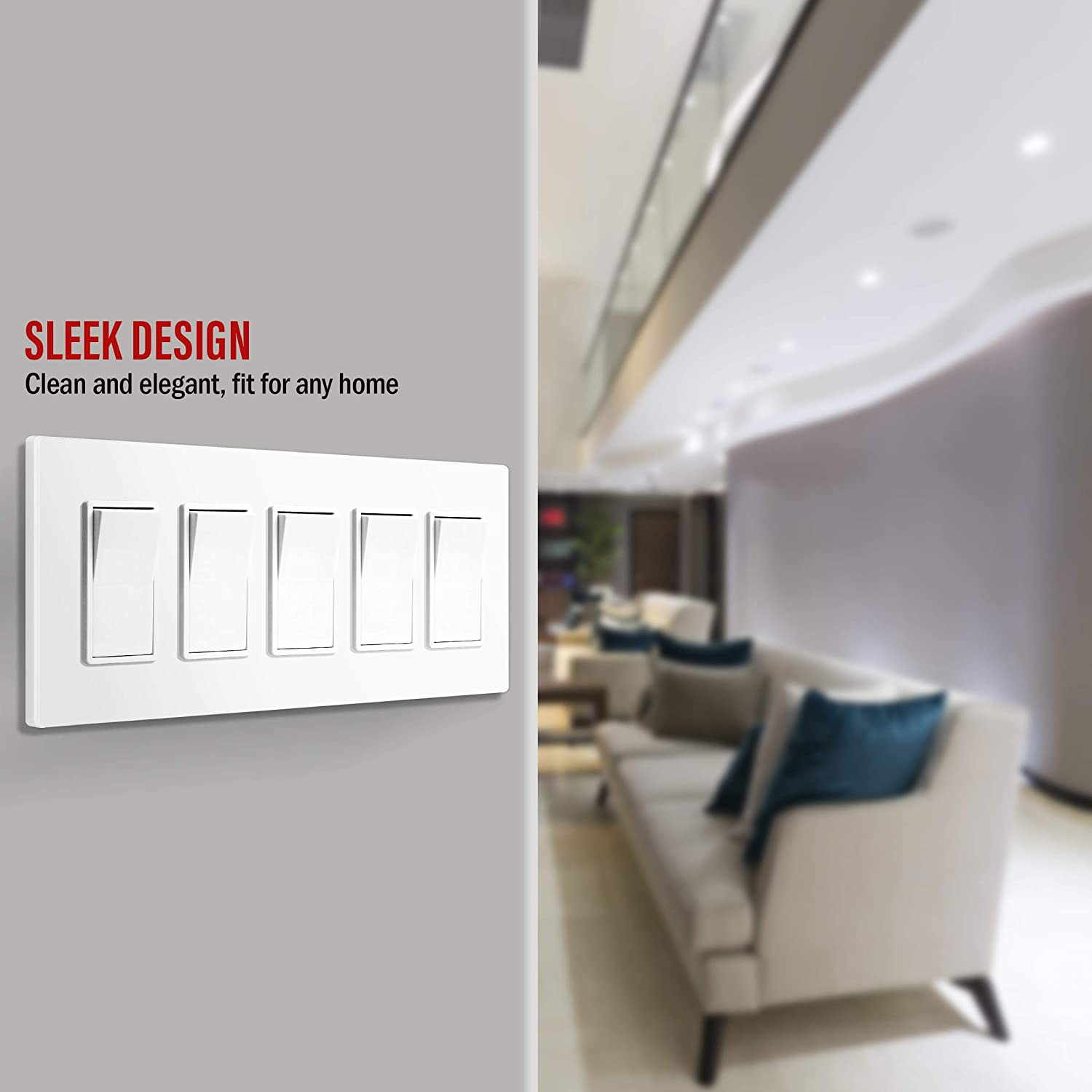 Enerlites 5-Gang Screwless Decorator Wall Plate Safety Cover - SI8835 - Sonic Electric