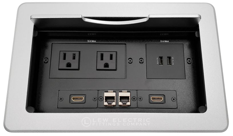 Kramer TBUS-10 Conference Table Box- 2 Power, 2 charging USB (one 2.4 Amp; one 1.0 Amp), 2 HDMI, 2 Cat6 - Sonic Electric