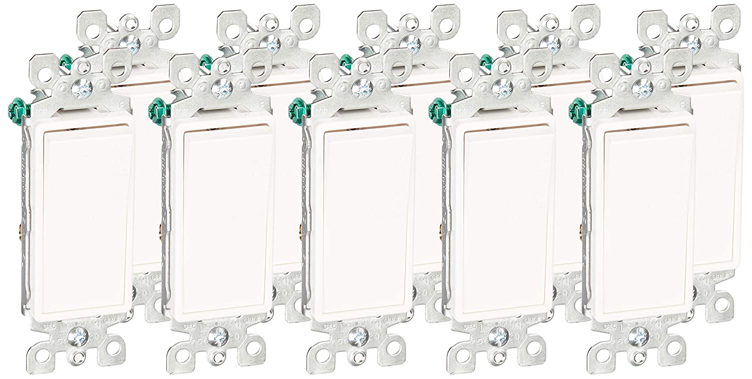 Leviton 5603-2W 15 Amp, 120/277V, Decora Rocker 3-Way AC Quiet Switch, Residential Grade, Grounding, 10 Pack, White - Sonic Electric
