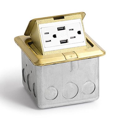 Lew Electric PUFP-SQ-BR-USB Brass Pop-out Floor Plate Assembly with 15 AMP Duplex Power/2 USB Receptacle - Sonic Electric