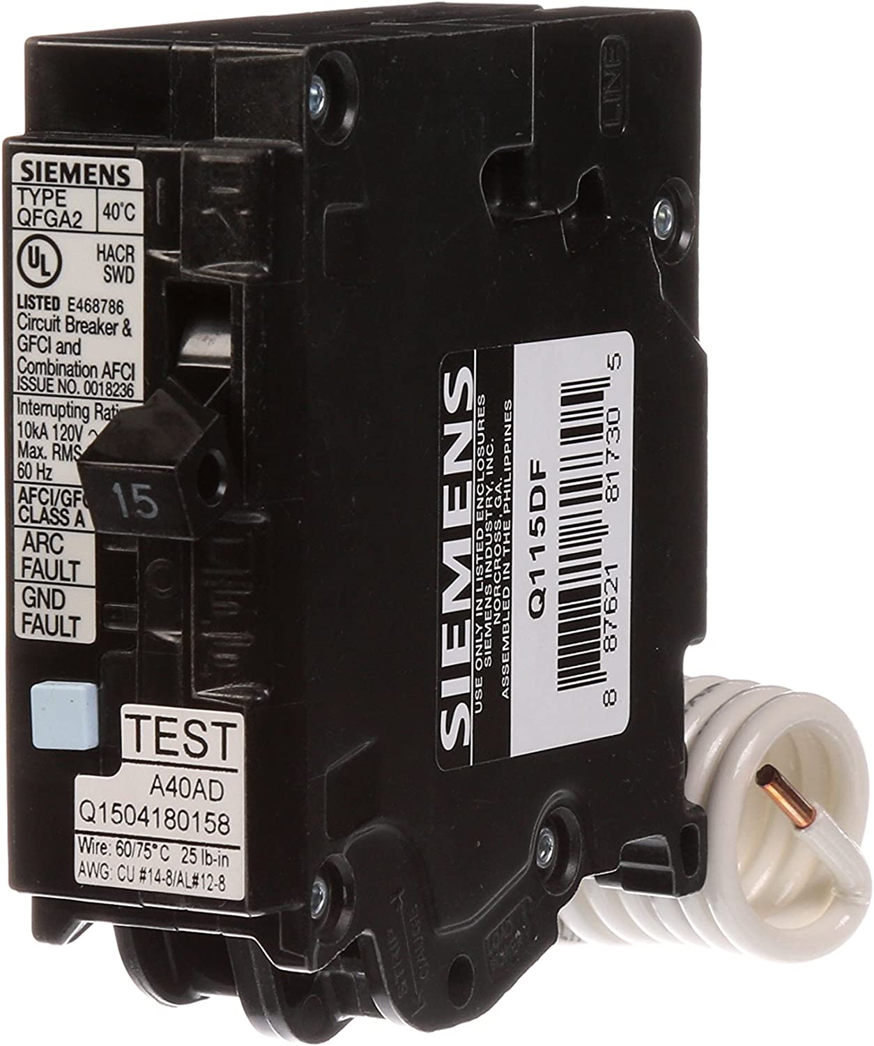 Siemens Q115DF 15-Amp 1-Pole Dual Function Arc-Fault/Ground-Fault Circuit Breaker - Sonic Electric