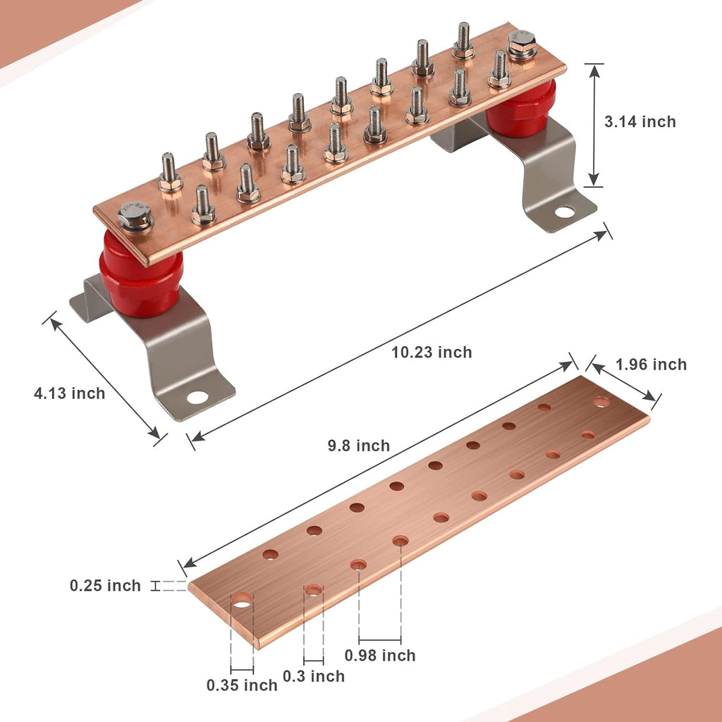 16-Lug Copper Grounding Bus Bar, 1/4