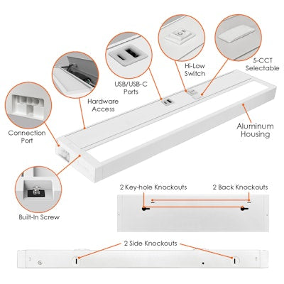 Envision LED-UC-42I-18W-5CCT-USB-WH-UNV-18W-27K, 120-277V, 42" Undercabinet Bar w/ USB/USB-C - White