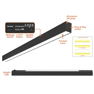 Envision LED-UDL2-4FT-3P50-5CCT-BL-30W-27K, 120/277V, C-Line 4' Suspended Linear w/ Uplight - Black