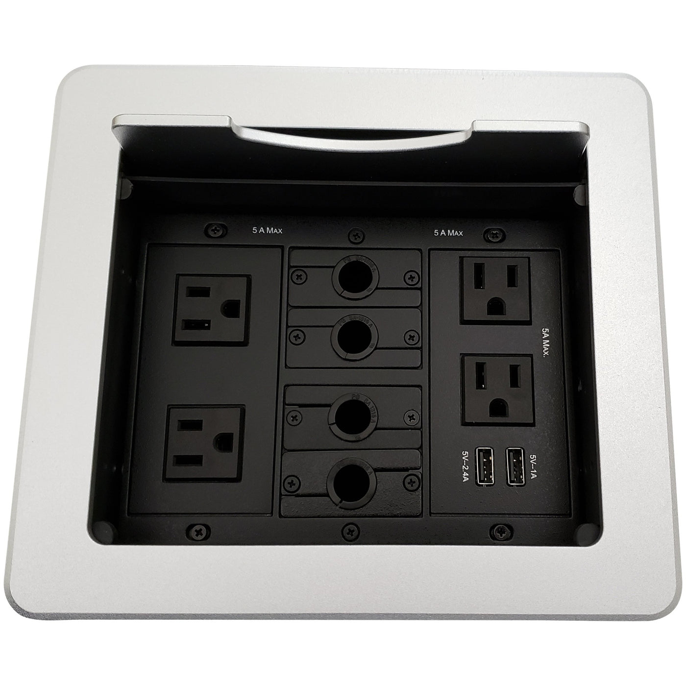 Lew Electric TBUS-1N-S4 Cable Well Table Box, 4 Power, 2 Charging USB, 4 Cable Holes - Silver