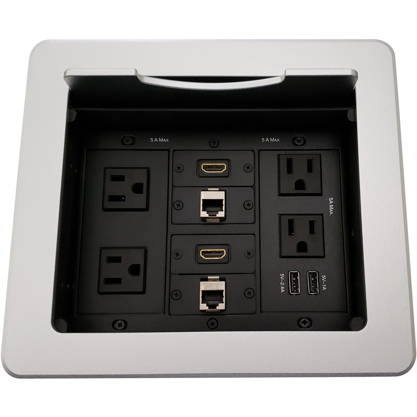 Lew Electric TBUS-1N-S1 Cable Well Table Box, 4 Power, 2 Charging USB, 2 HDMI, 2 Cat6 - Silver