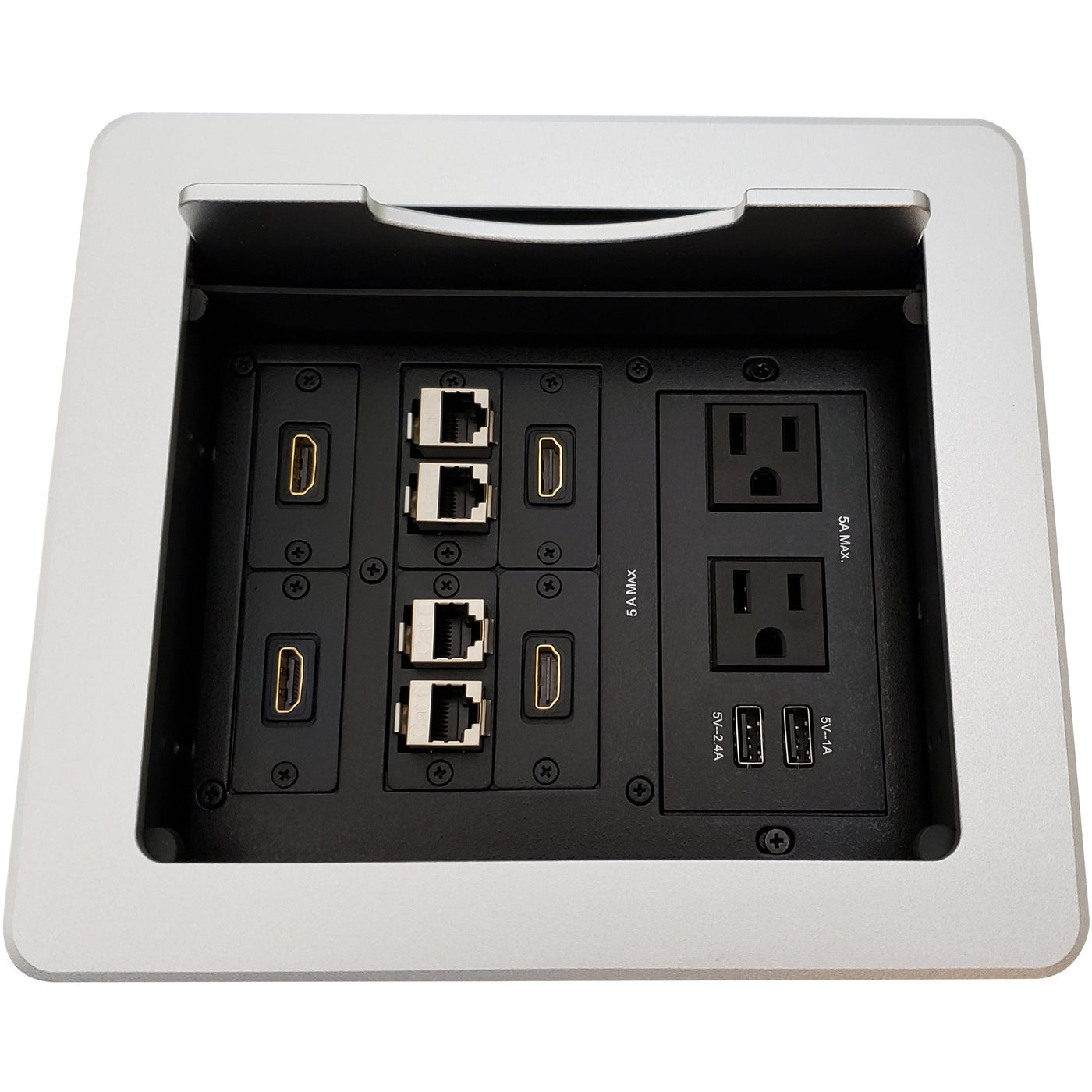 Lew Electric TBUS-1N-S3 Cable Well Table Box, 2 Power, 2 Charging USB, 4, HDMI, 4 Cat6, Silver