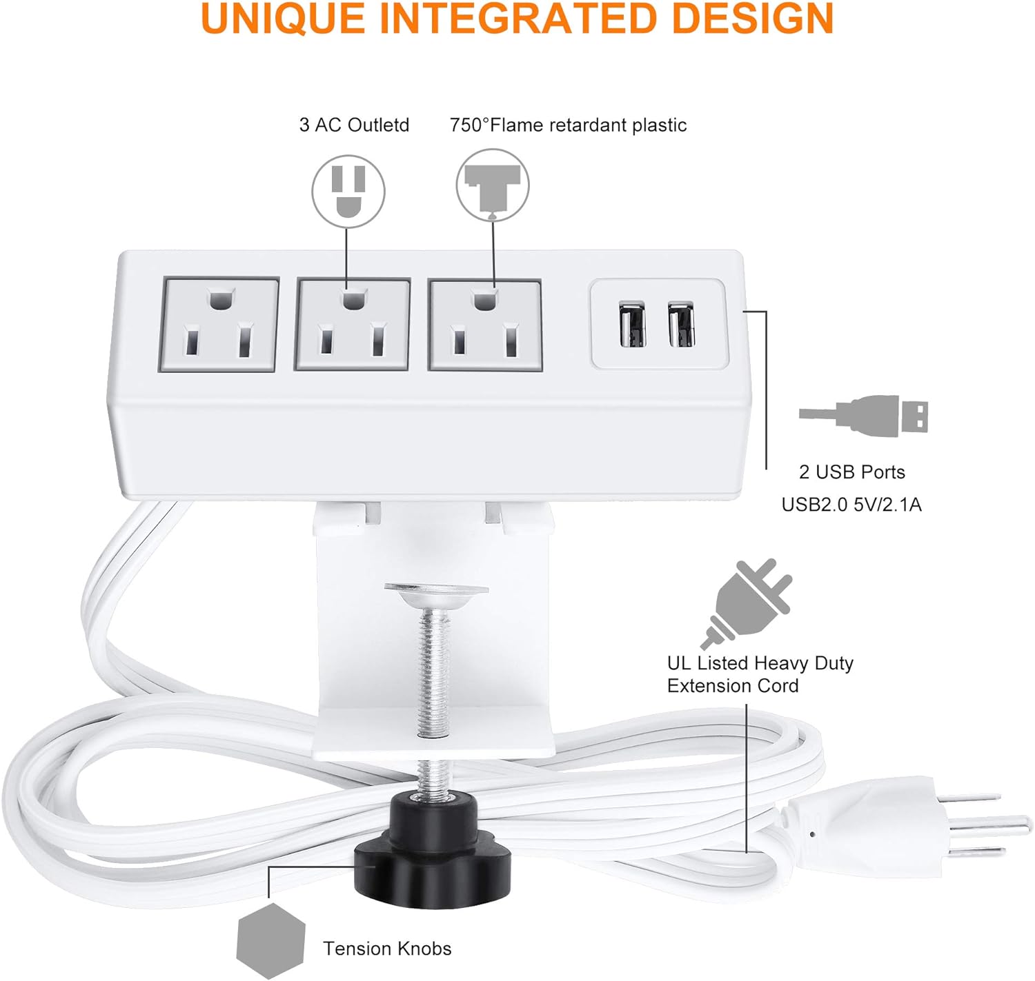 3 Outlet Desk Clamp Power Strip with USB Ports – Desktop Power Station | 125V 12A 1500W, 10 FT Cord