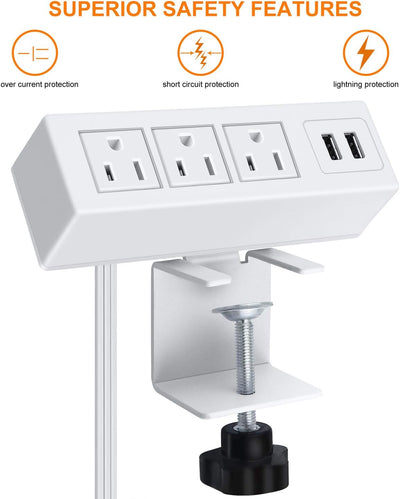 3 Outlet Desk Clamp Power Strip with USB Ports – Desktop Power Station | 125V 12A 1500W, 10 FT Cord - Sonic Electric