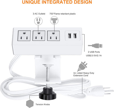 3 Outlet Desk Clamp Power Strip with USB Ports – Desktop Power Station | 125V 12A 1500W, 10 FT Cord - Sonic Electric
