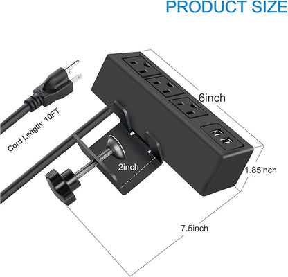 3 Outlet Desk Clamp Power Strip with USB Ports – Desktop Power Station | 125V 12A 1500W, 10 FT Cord - Sonic Electric