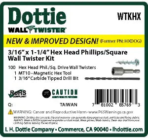 Dottie WTKHX 3/16'' x 1-1/4'' Hex Head Phillips/Square Wall Twister Kit