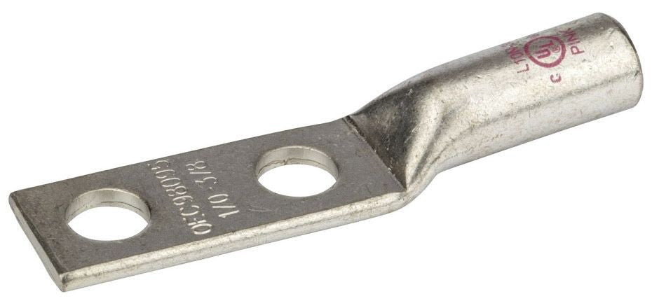 Malibu 1/0 AWG Copper Compression Lug – Long Barrel, 3/8" Stud, Two-Hole, UL Listed