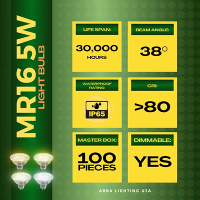 ABBA MR16-5W 12V 5W Dimmable Glass MR16 LED Light Bulb, 2700K-5000K