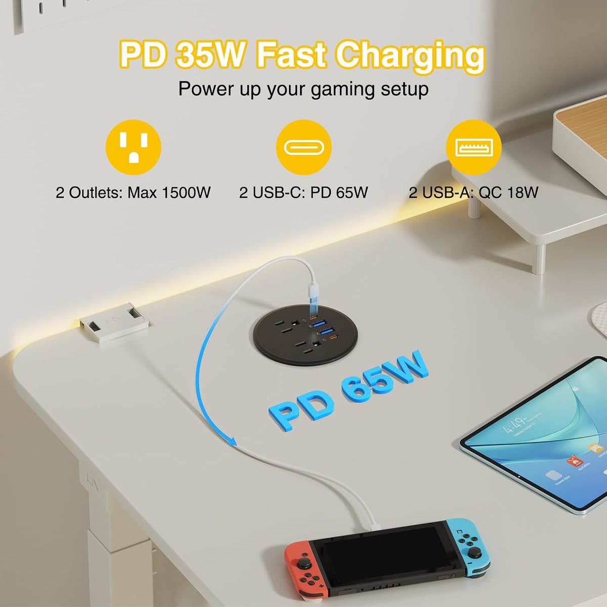 3" Desk Power Grommet with 2 Outlets, 2 65W USB-C & 2 18W USB-A - Black, 6 ft. Cord