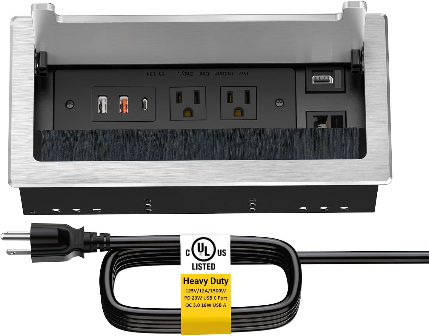 Recessed Conference Table Power Hub with HDMI, CAT6 RJ45, 20W USB-C, USB-A & 2 AC Outlets