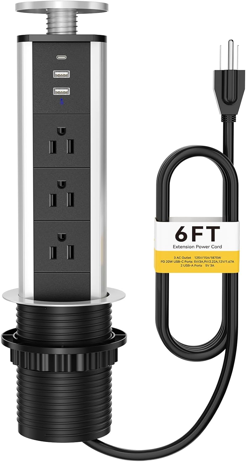 Sleek Pop Up Outlet with 3 AC Outlets, 2 USB-A & 1 PD 20W USB-C Ports, Perfect for Kitchen, Conference Room or Office