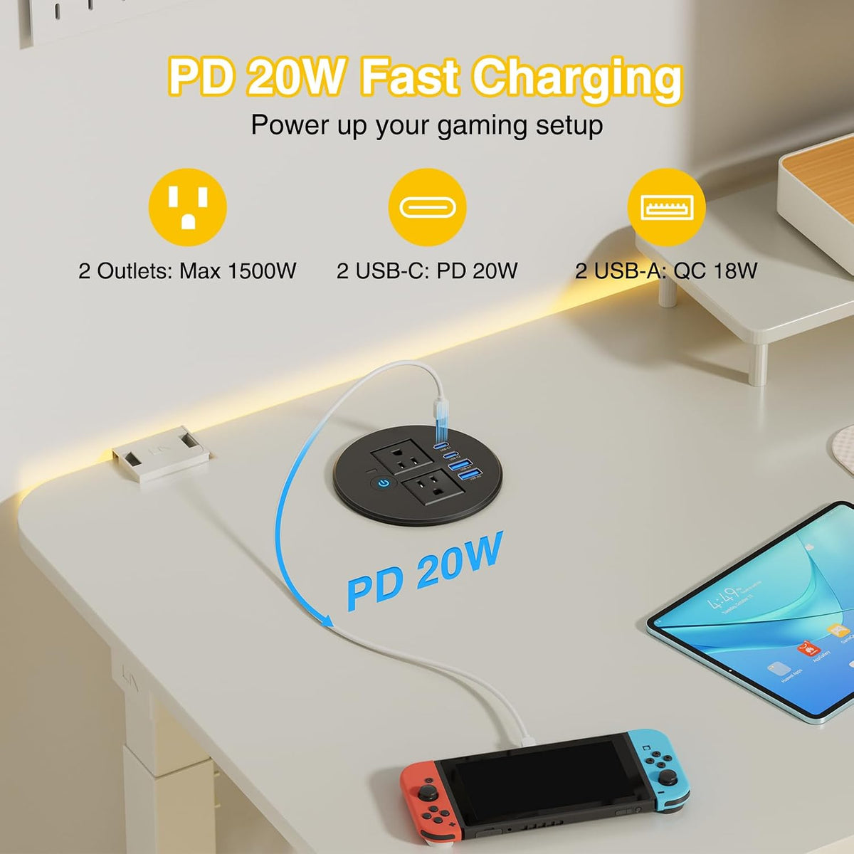 3-1/4" Desk Power Grommet with 35W Retractable USB-C, 2 Outlets, 2 35W USB-C & 2 18W USB-A - Black