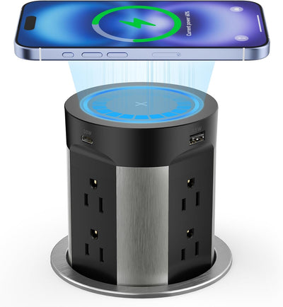 Pop Up Countertop Outlet with 15W Wireless Charger, 75W USB-C, 8 AC Outlets & 4 USB Ports - ETL Listed